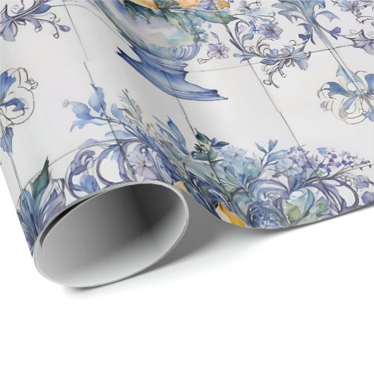 Italiaans Tegel Blauw en wit Bloemen Vaas Decoupag Cadeaupapier (Rol Hoek)