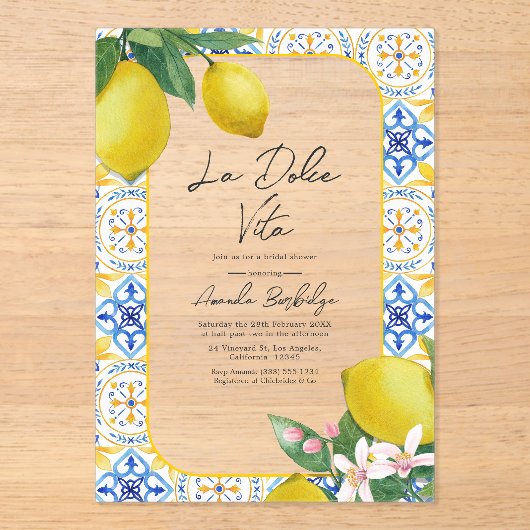 Italiaans Tegel en citroen Vrijgezellenfeest - La  Acryl Uitnodigingen (Voorkant)