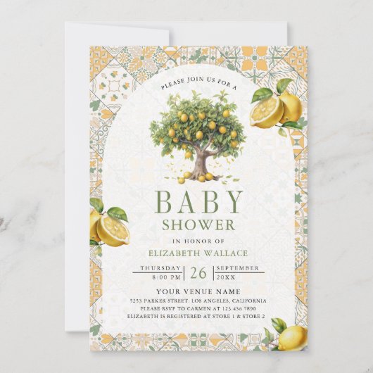 Italiaans Tegel Lemon Tree Arch QR Code Baby showe Kaart (Voorkant)