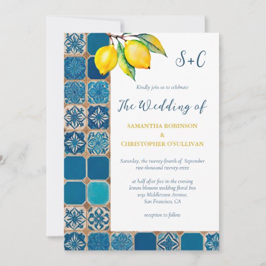 Italiaans Tegels Lemon Mediterraan Huwelijk Kaart (Voorkant)