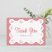 Italiaans-thema rood geruite bruiloft dank u bedankkaart (Staand voorkant)
