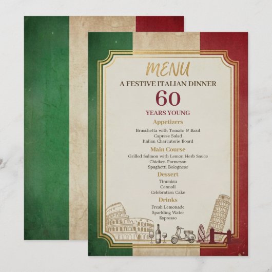 Italiaans Vintage 60e Verjaardagsdiner Menu (Voorkant / Achterkant)