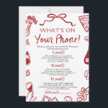 Italiaans Wat staat er op je telefoon Vrijgezellen Kaart<br><div class="desc">🍕 Dat is Amore What’s On Your Phone Game – Italiaans Vrijgezellenfeest lacht met een digitale draai! 📱 Voeg wat techy plezier toe aan je pasta-en-proseccofeest met dit handgetekende Italiaans-thema "What's On Your Phone" vrijgezellenfeest spel! Met grillige pizzaplakjes, rode wijndoodles en rood-witte flair is het de perfecte mix van amore...</div>