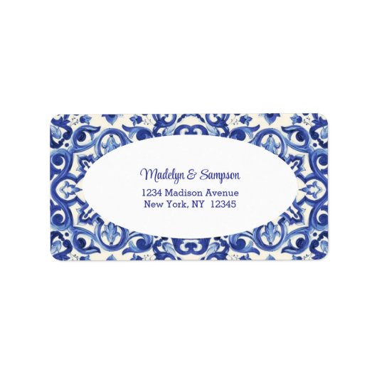 Italiaans wit & blauw keramisch retouradreslabel etiket (Voorkant)