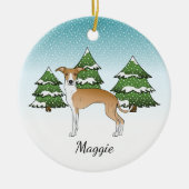 Italiaans-witte windhond in het winterbos keramisch ornament (Voorkant)