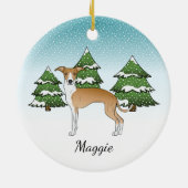 Italiaans-witte windhond in het winterbos keramisch ornament (Achterkant)