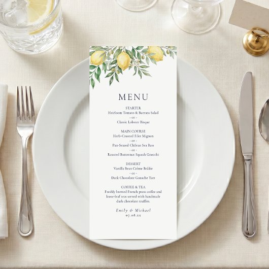 Italiaans zomerse trouwmenu met citroen Flat Menu