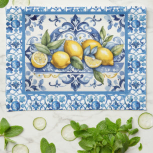 Italiaanse Amalfi blauwe witte tegels citroenen Theedoek