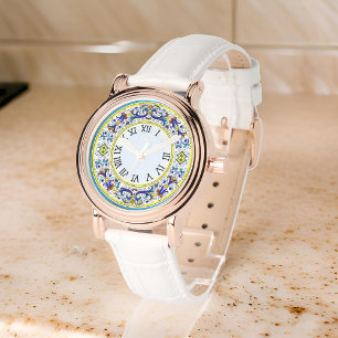 Italiaanse Antico Deruta ingewikkelde blauwe bloem Horloge