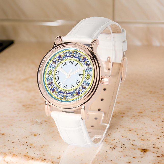 Italiaanse Antico Deruta ingewikkelde blauwe bloem Horloge (Zazzle Italian Antico Deruta Intricate Blue Floral Ladies Watch)