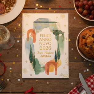 Italiaanse Aquarel Boog Gelukkig Nieuwjaar 2026 Feestdagenkaart