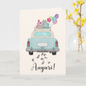 Italiaanse Auguri Trouwdag Blauwe Retro Auto Kaart (Gele Bloem)