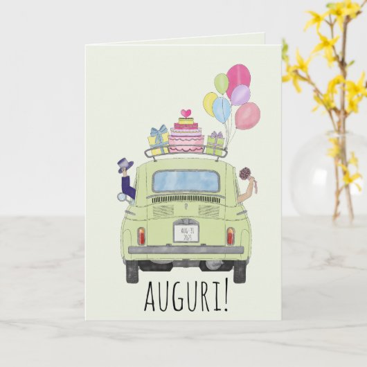 Italiaanse Auguri trouwdag Fiat 500 Kaart (Gele Bloem)