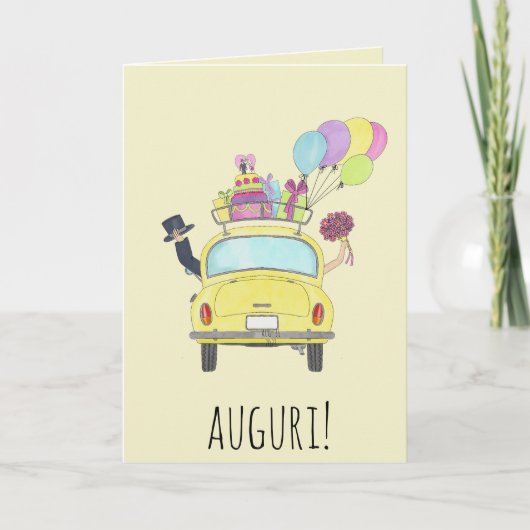 Italiaanse Auguri trouwdag gele retro auto Kaart (Voorkant)