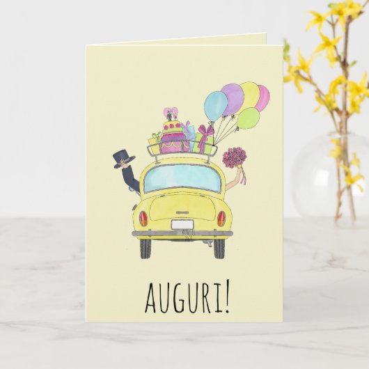 Italiaanse Auguri trouwdag gele retro auto Kaart (Gele Bloem)