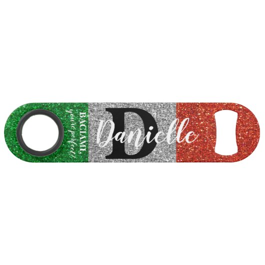 Italiaanse barman glitter zwart wit monogram speed flessenopener (Achterkant Horizontaal)