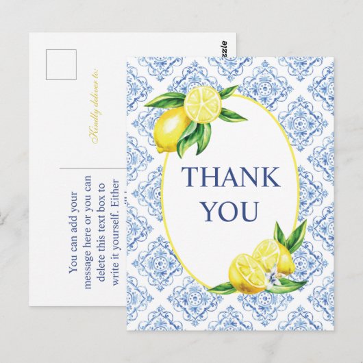 Italiaanse bedankkaart met citroenblauwe tegel briefkaart (Voorkant / Achterkant)