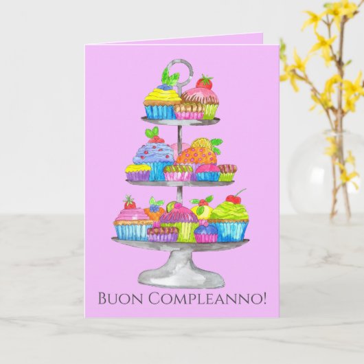 Italiaanse Birthday Waterverf cupcakes Kaart (Gele Bloem)