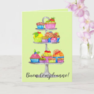 Italiaanse Birthday Waterverf cupcakes Kaart