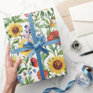 Italiaanse blauwe rode gele zonnebloemen bloemige  cadeaupapier