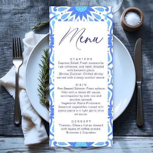 Italiaanse Blauwe Tegel Baby Shower Minimalistisch Menu