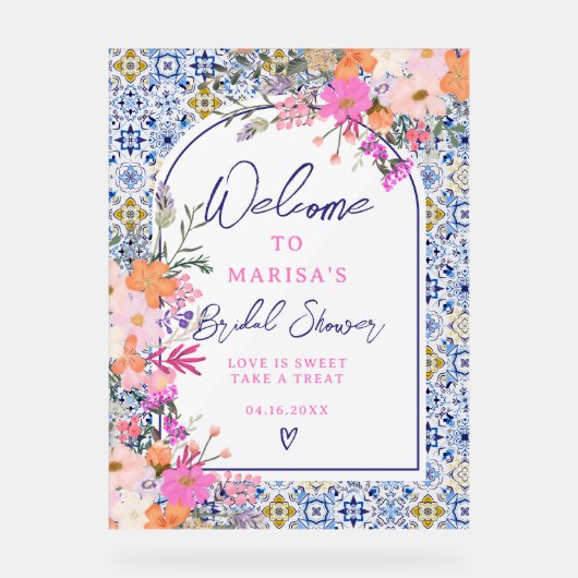 Italiaanse blauwe tegel bloem waterverf bruidsontv acryl bord (Voorkant)