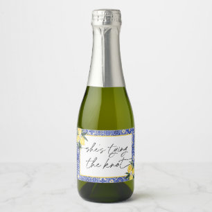 Italiaanse Blauwe Tegel Bruidsdouche Champagne Sparkling Wijnetiket