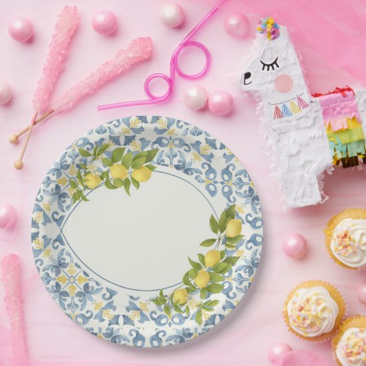 Italiaanse Blauwe Tegel Citroen Papieren Bordje (Feest)