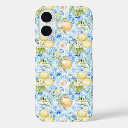 Italiaanse Blauwe Tegel Gele Citroen Waterverf Case-Mate iPhone Case (Achterkant)