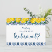 Italiaanse blauwe Tegel Lemon Bridesmaid proposal  Kaart (Staand voorkant)