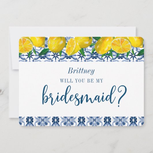 Italiaanse blauwe Tegel Lemon Bridesmaid proposal  Kaart (Voorkant)