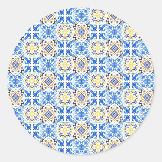 italiaanse blauwe Tegel Ronde Sticker (Voorkant)