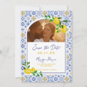 Italiaanse blauwe tegel waterverf citroenbruiloft save the date (Voorkant)