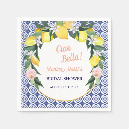 Italiaanse Blauwe Tegels Citroen Ciao Bella Bruids Servet (Voorkant)