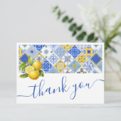 Italiaanse blauwe tegels citroen zomer bruidsdouch bedankkaart (Staand voorkant)