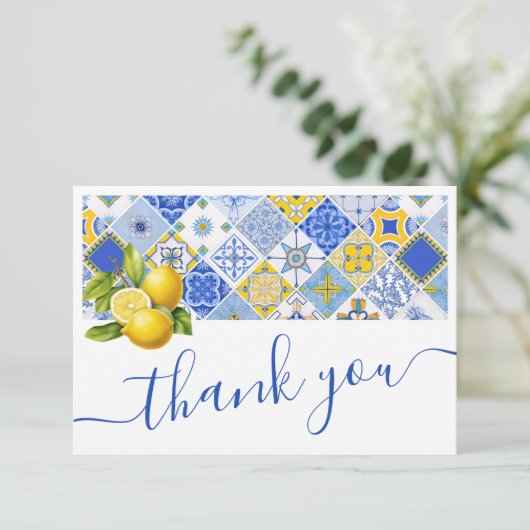 Italiaanse blauwe tegels citroen zomer bruidsdouch bedankkaart (Staand voorkant)