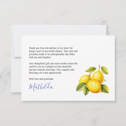 Italiaanse blauwe tegels citroen zomer bruidsdouch bedankkaart (Achterkant)