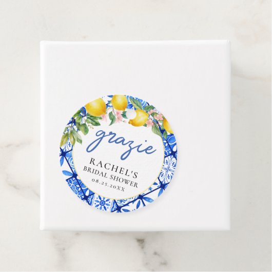 Italiaanse blauwe tegels citroenen bruiloft dank j bedankjes labels (In situ)