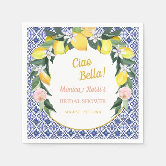 Italiaanse Blauwe Tegels Citroenen Ciao Bella Brui Servet (Voorkant)