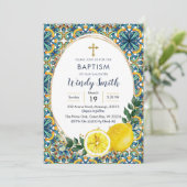 Italiaanse Blauwe Tegels Lemon Baptism Uitnodiging (Staand voorkant)