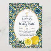 Italiaanse Blauwe Tegels Lemon Baptism Uitnodiging (Voorkant / Achterkant)