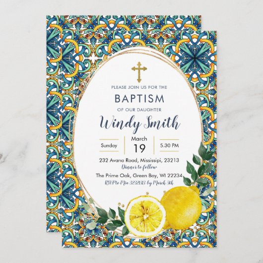 Italiaanse Blauwe Tegels Lemon Baptism Uitnodiging (Voorkant / Achterkant)