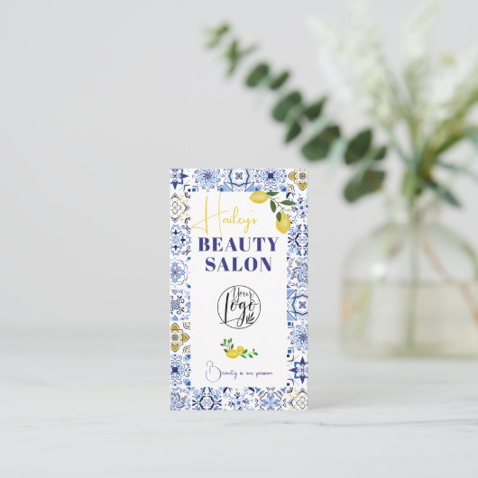 Italiaanse blauwe tegels waterverf schoonheidssalo visitekaartje (Staand voorkant)