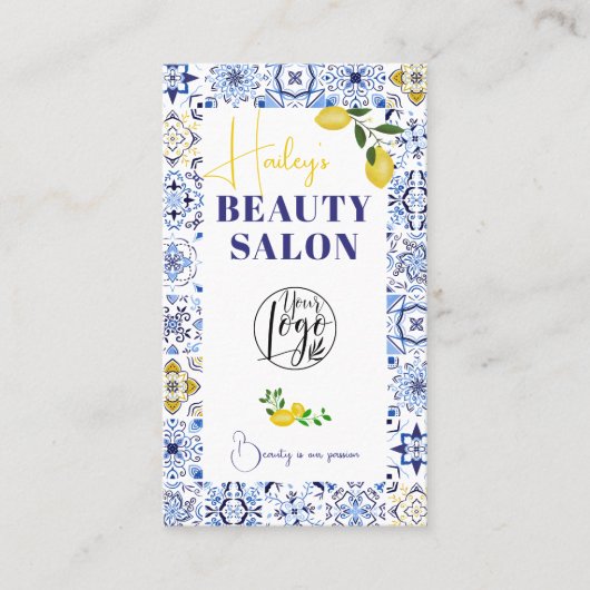 Italiaanse blauwe tegels waterverf schoonheidssalo visitekaartje (Voorkant)