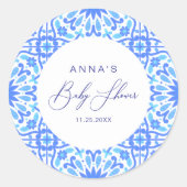 Italiaanse Blauwe Tegeltjes Baby Shower Scriptie Ronde Sticker (Voorkant)