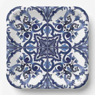 Italiaanse Blauwe & Witte Siciliaanse Majolica Moz Papieren Bordje