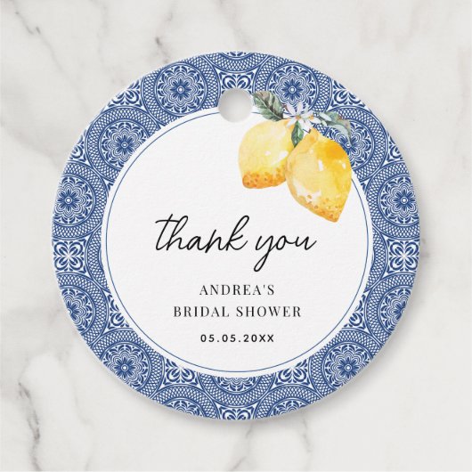 Italiaanse bloem- en blauwe tegel bruidsdouche bed bedankjes labels (Voorkant)