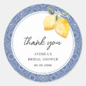 Italiaanse bloem- en blauwe tegel bruidsdouche bed ronde sticker (Voorkant)