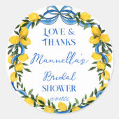 Italiaanse bruidsshower geschenk citroenen blauwe  ronde sticker (Voorkant)