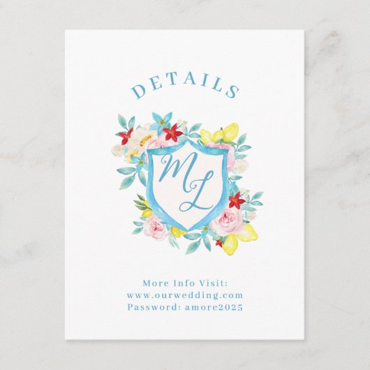 Italiaanse bruiloft details Amalfi Monogram Crest Informatiekaartje (Voorkant)